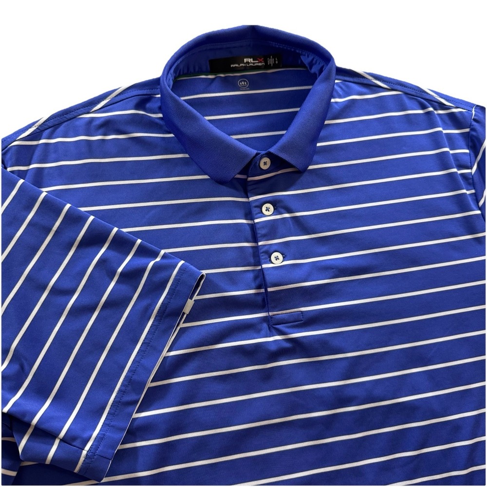 RLX Polo Shirt Mens L Blue White Stripe‎ Golf Performance Stretch Ralph Lauren